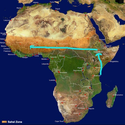 Mon trajet approximatif de Zanzibar à Ouagadougou. la bande orangée, c'est le Sahel.